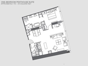 Distribución de una suite penthouse de un dormitorio con cocina, comedor, sala de estar y dos habitaciones.