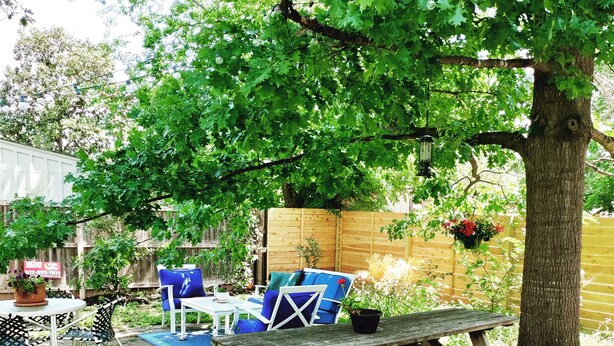 Un espace patio avec une table et des chaises en bois, entouré de plantes en pot et d’une clôture en bois.