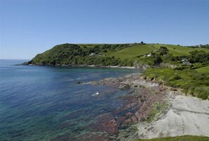 Eine Küstenlandschaft mit klarem, blauem Wasser, felsigem Ufer und grünen Hügeln.