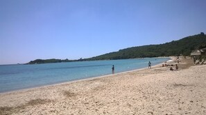 Nära stranden och solstolar