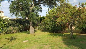 Ein Garten mit verschiedenen Bäumen und Sträuchern, einem Kiesweg und einem Gebäude im Hintergrund.
