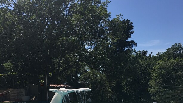 Une piscine agrémentée d’une cascade, entourée d’arbres et dotée d’une terrasse carrelée.