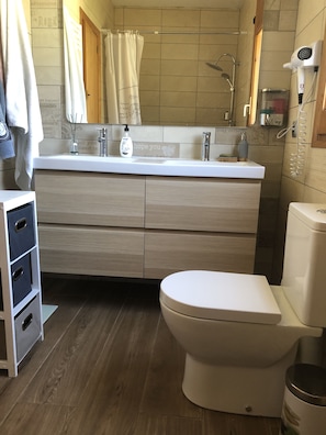 Combined shower/tub, hair dryer, towels, soap