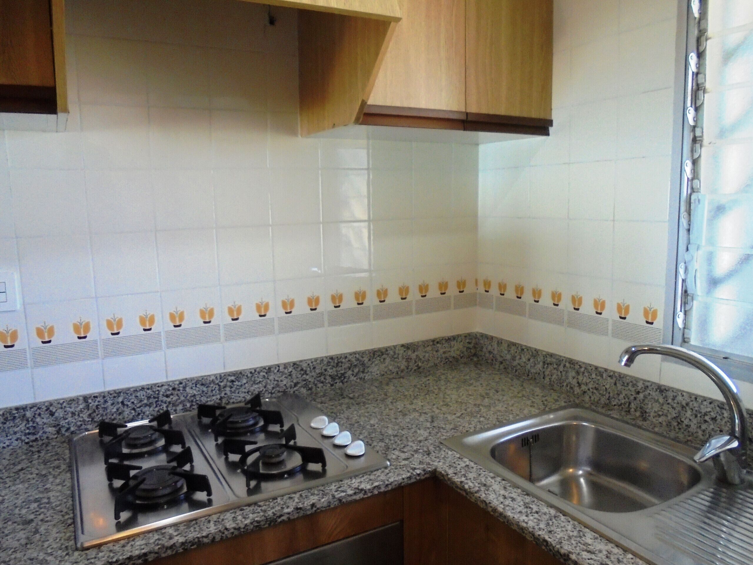 Una cocina con estufa a gas, encimera de granito, pileta de acero inoxidable y azulejos blancos con motivos vegetales.