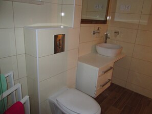 Shower, hair dryer, towels, toilet paper