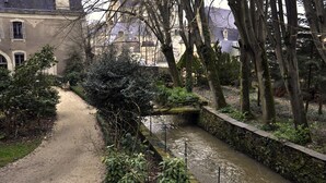 A narrow, gravel path flanked by dense foliage and a stone wall beside a calm water channel. - La Demeure de l'Ile (Craon)