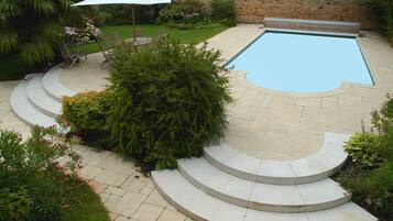 Seasonal outdoor pool, pool umbrellas, pool loungers