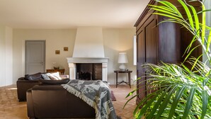 Una sala de estar con chimenea, un sofá y una planta grande.