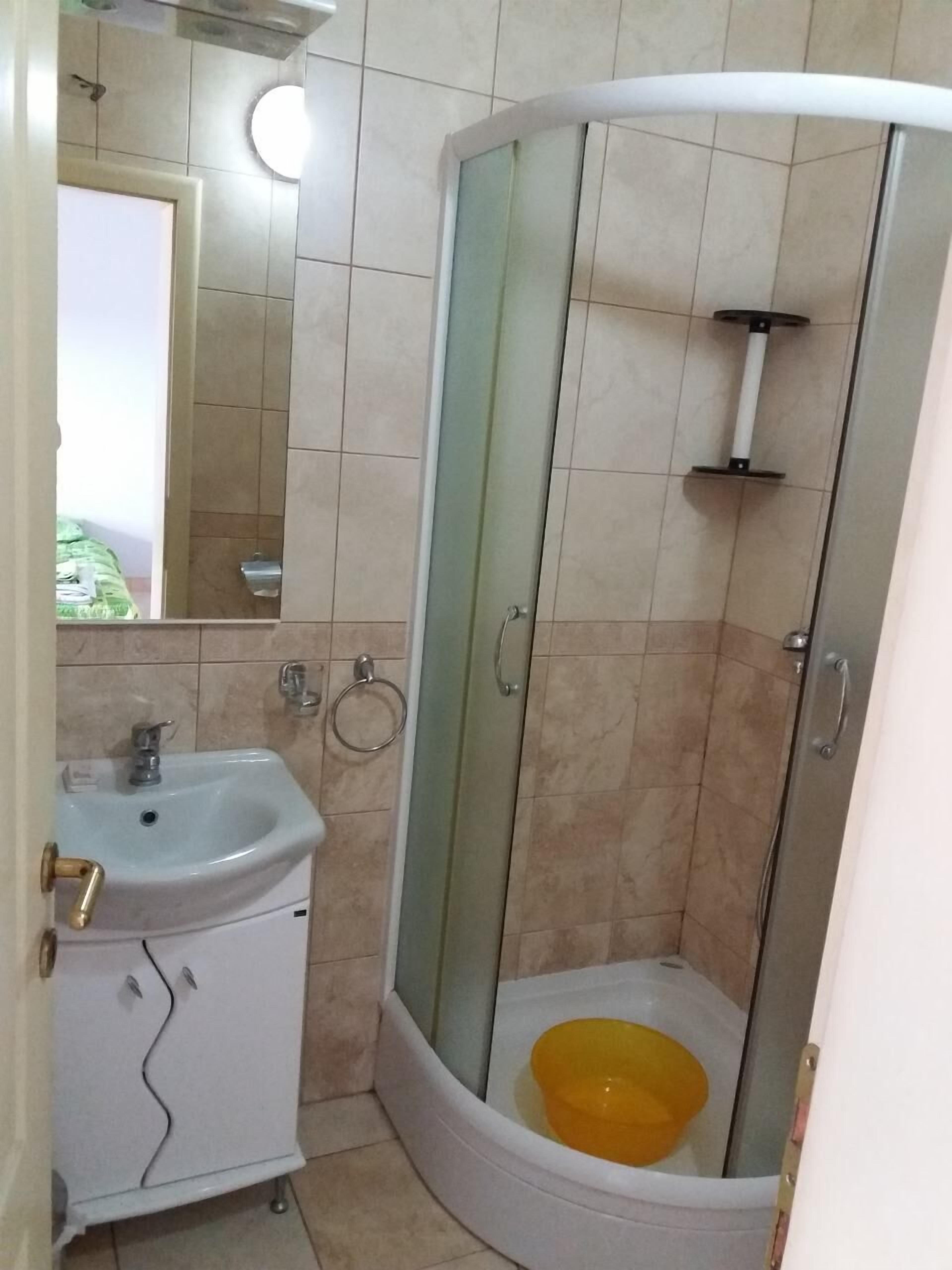 A bathroom with a sink, mirror, and shower.
