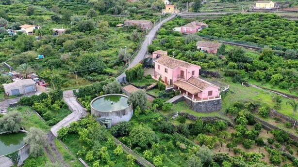 Une villa rose, entourée d’une végétation luxuriante et bordée d’un petit étang.