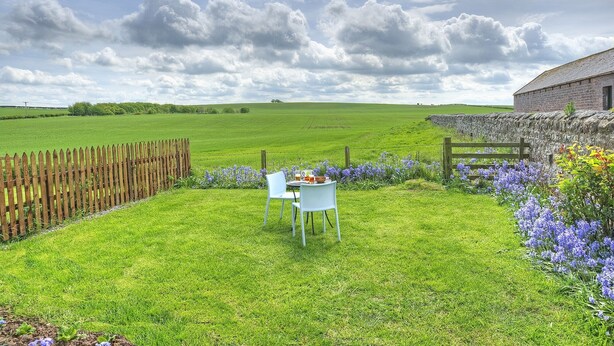 A grassy outdoor area with a table and chairs, a stone wall, and a building in the background.