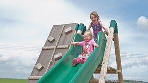 A wooden slide structure with a green slide and a wooden ladder.