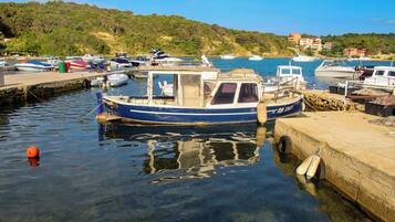 A marina with boats docked, a clear sky, and a hillside in the background.
