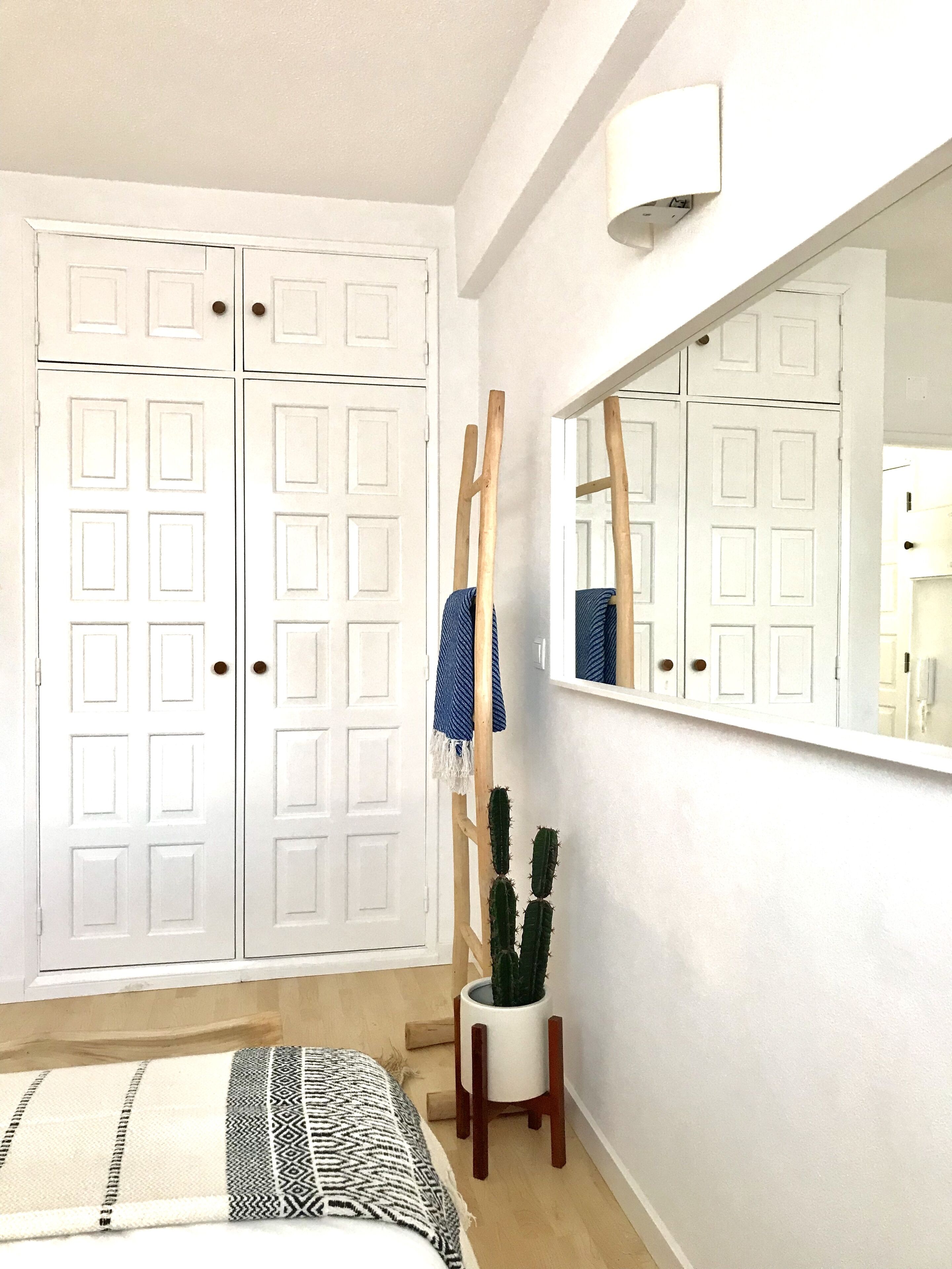 A bedroom with a bed, a wardrobe, a mirror, and a potted cactus.