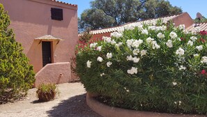 Un bâtiment à la façade rose, avec une porte et une petite fenêtre.