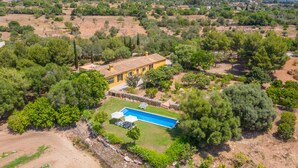 A yellow villa with a swimming pool surrounded by trees and a hilly landscape. - 784524 Ses Cases, Spain (Manacor)