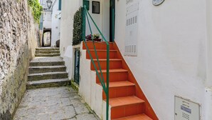 A narrow stone staircase leading to a white building with a tiled roof and a green door.