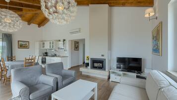 TV, fireplace, books, stereo