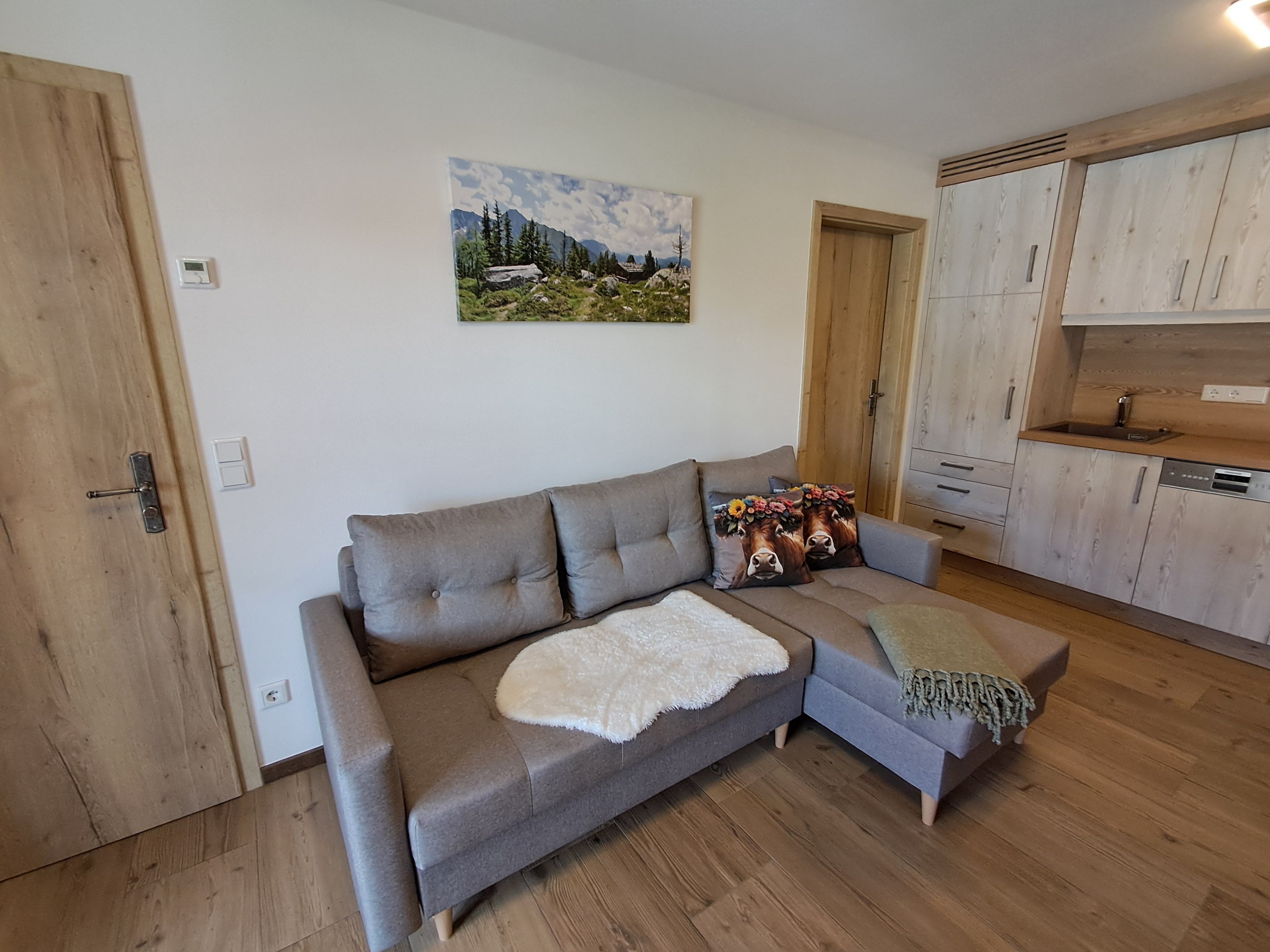 Un salon avec un canapé gris, un plaid blanc et moelleux, et un tableau représentant un paysage de montagne.