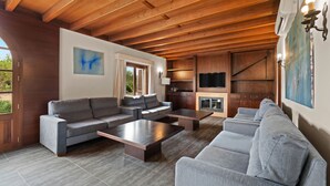 A spacious living area with a wooden ceiling, grey sofas, a fireplace, and a television.