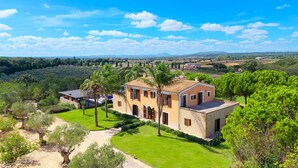 A large, two-story house with a stone facade, surrounded by lush greenery and a well-maintained lawn.