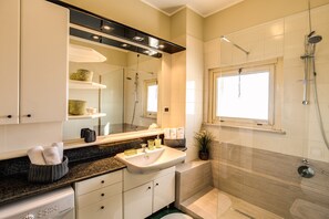 Shower, hair dryer, bidet, towels