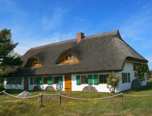 A traditional thatched-roof house with green shutters and a stone foundation.