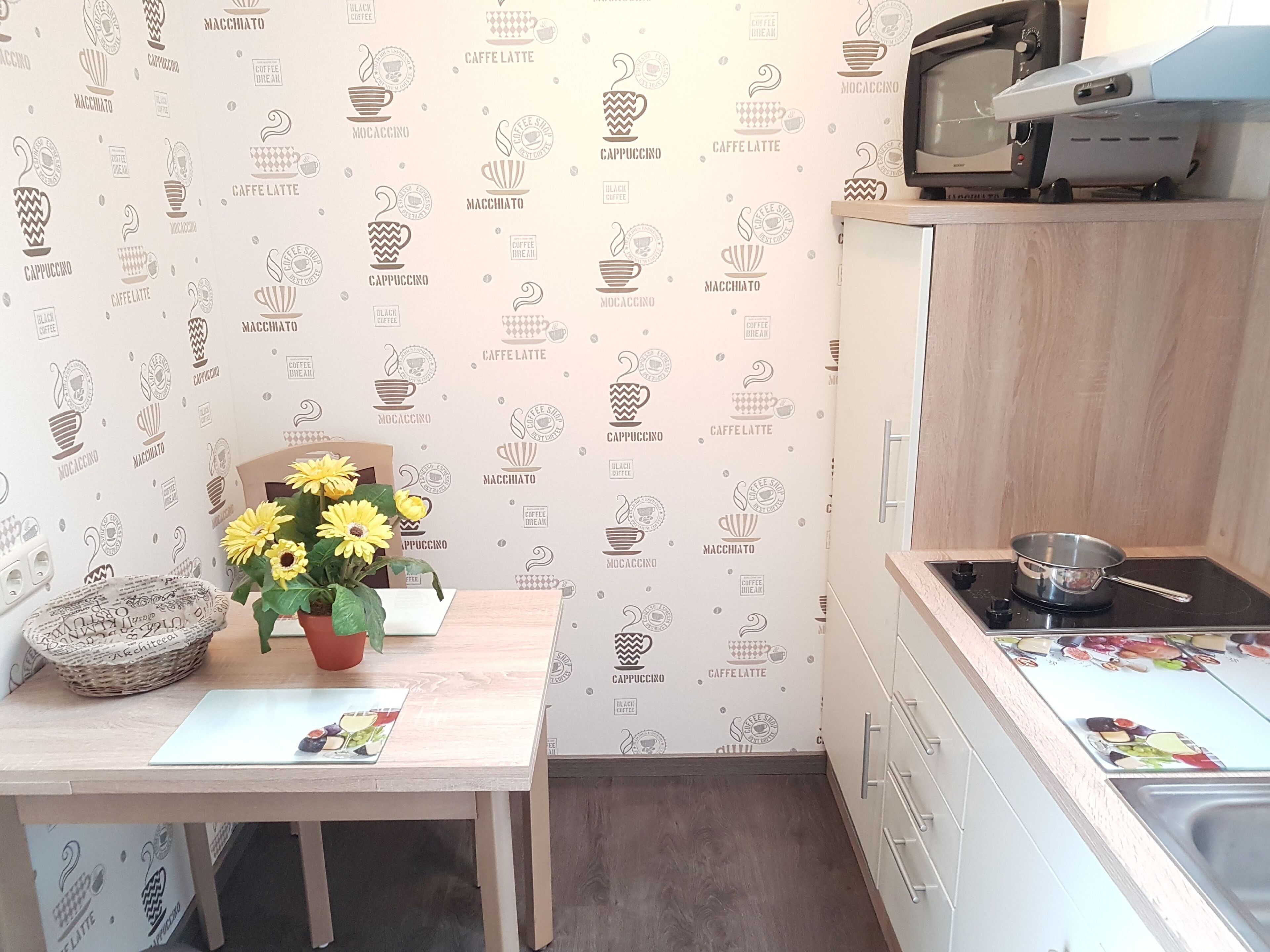 Fridge, microwave, oven, coffee/tea maker