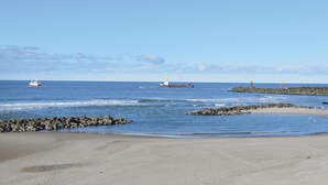 A beach with rocky outcrops, calm waters, and distant ships.