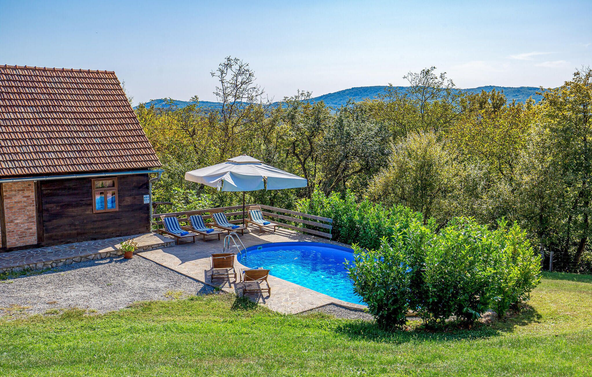 Une cabane en bois avec une piscine, entourée d’une végétation luxuriante et avec des collines en arrière-plan.