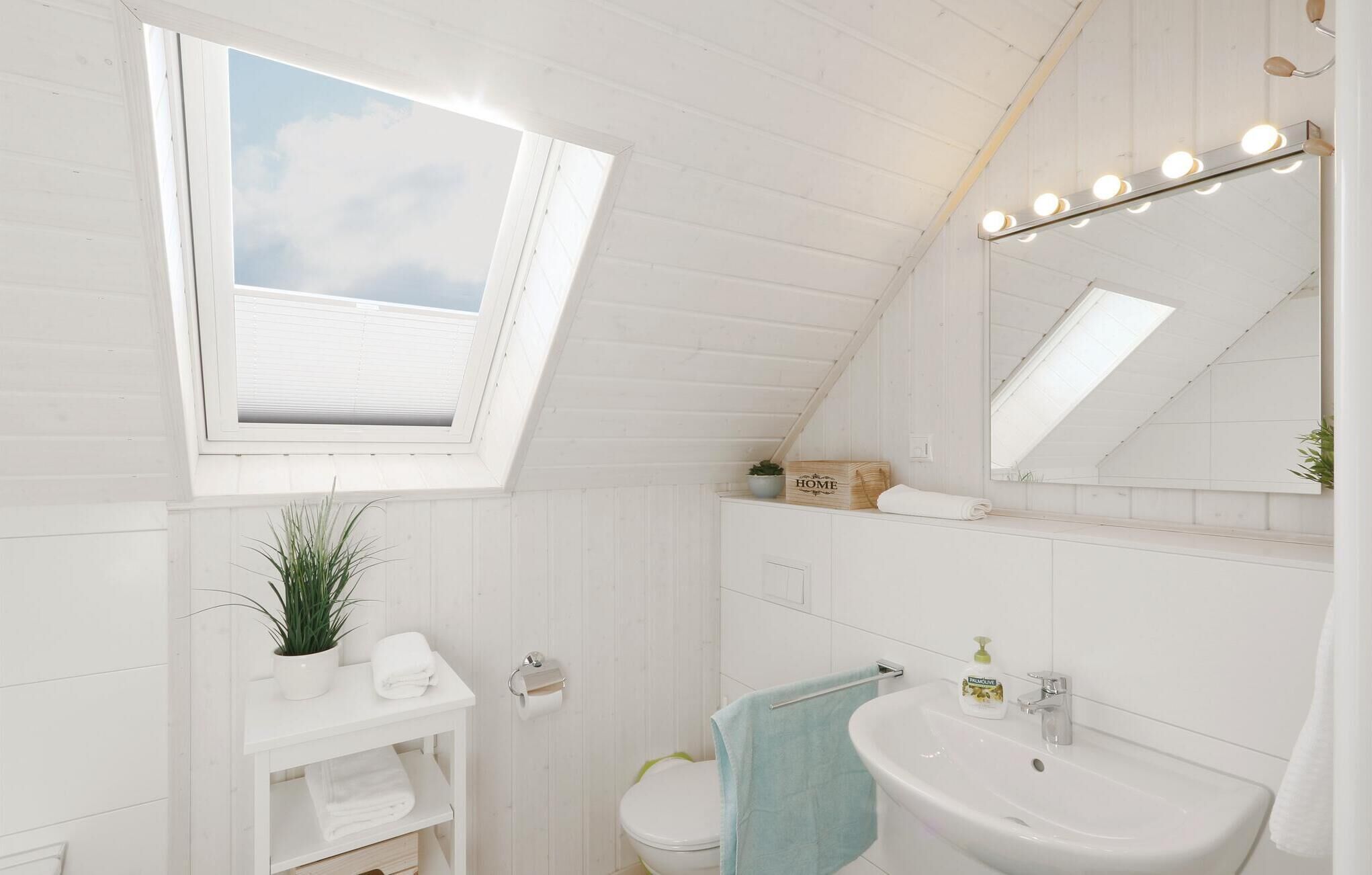 A bathroom with a skylight, a vanity with a mirror, a sink, and a toilet.