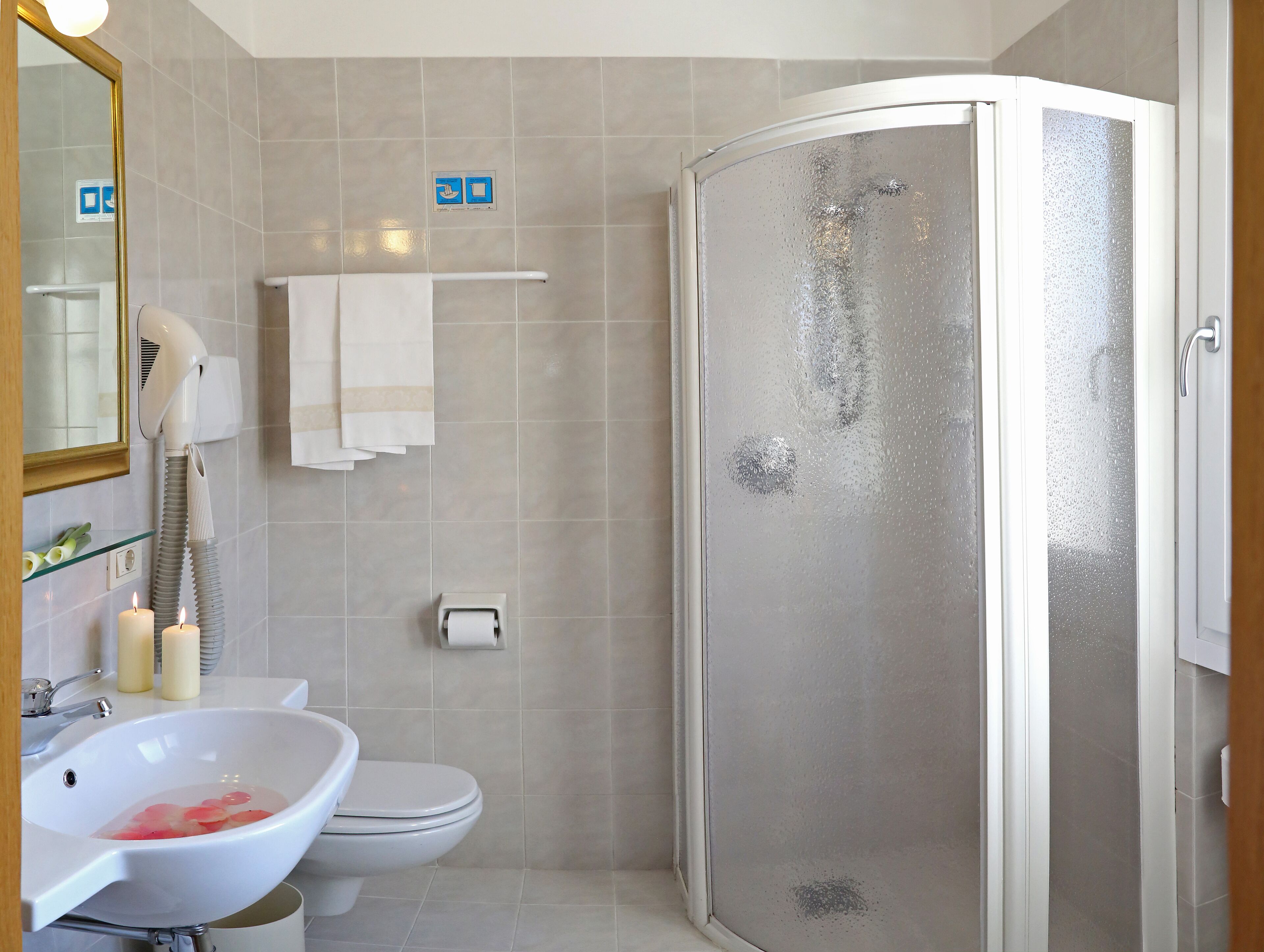 A bathroom with a sink, toilet, and a glass-enclosed shower.