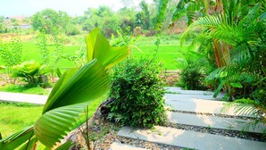A lush garden with a variety of plants and a pathway. - Villa Franjipani Maerim (Mae Rim)