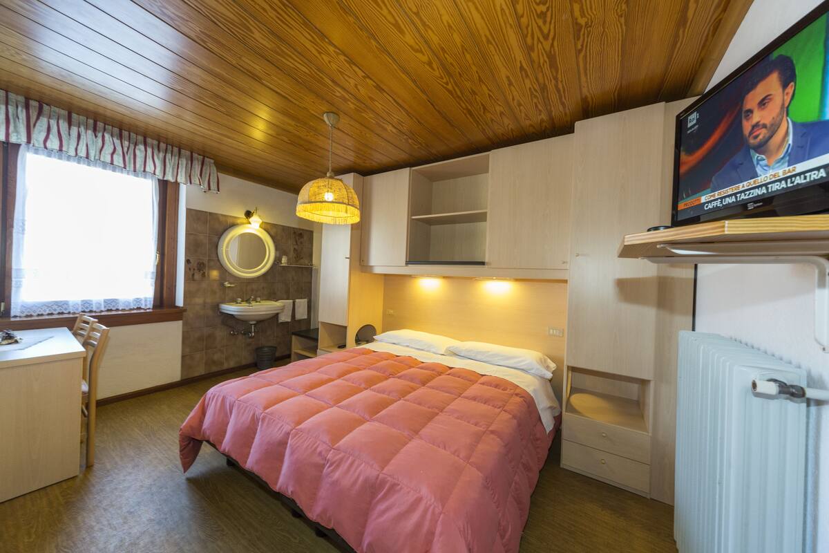 A bedroom with a bed, a desk, a chair, a television, a window, and a radiator.