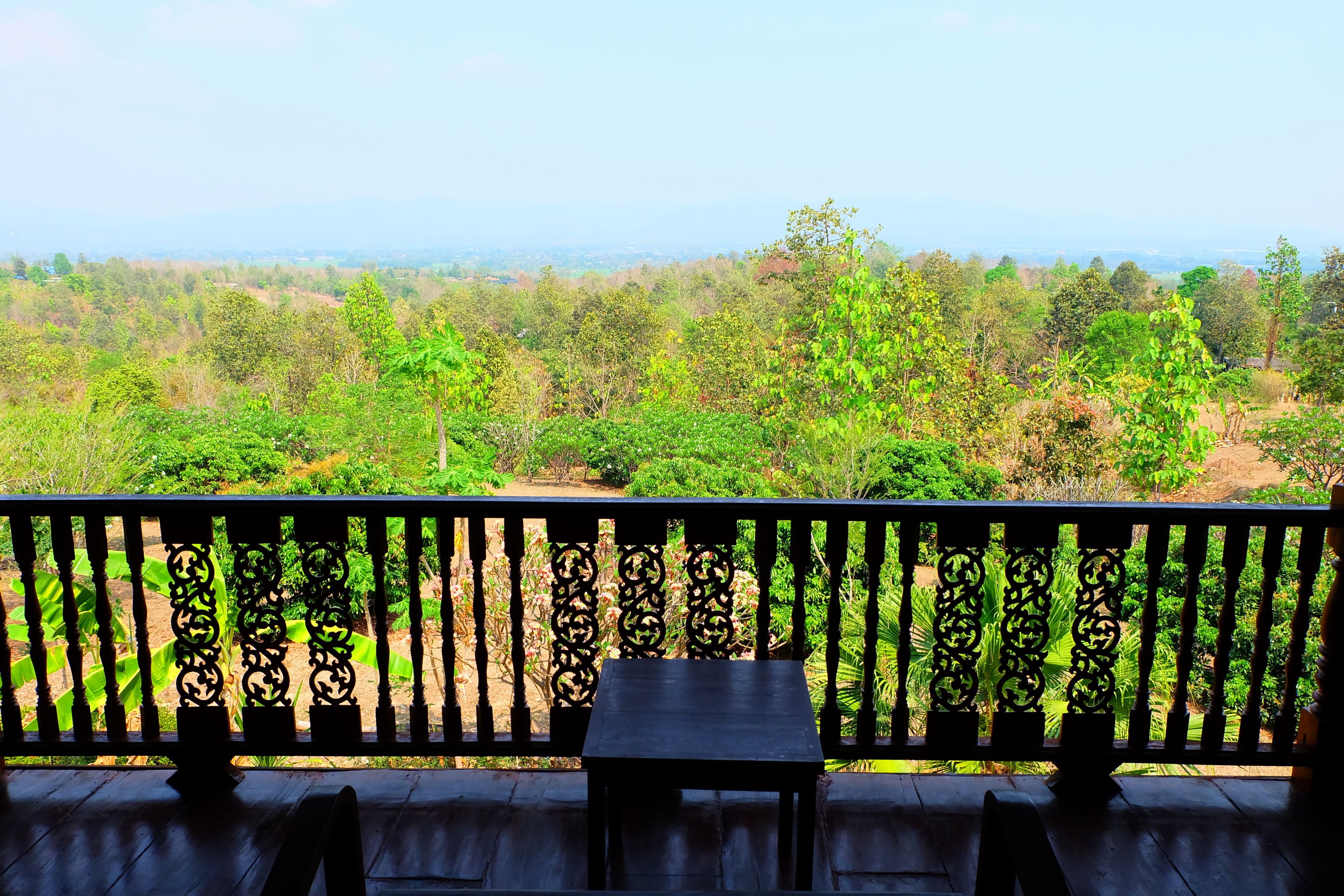 A balcony with a view of a forested landscape.