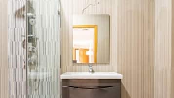 Separate bathtub and shower, deep-soaking bathtub, bathrobes, slippers