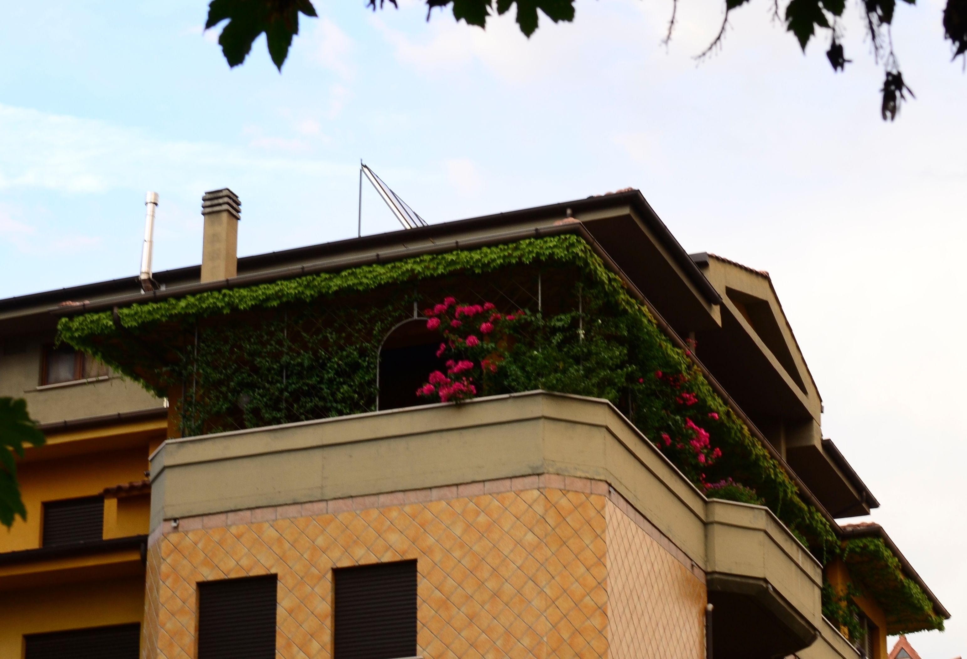 A building with a tiled facade, a visible chimney, and a balcony with plants and flowers.
