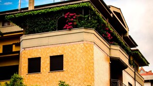 A building with a yellow facade, a balcony with greenery and flowers, and a visible antenna.