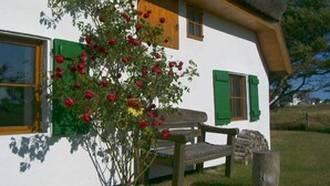 Une maison traditionnelle avec un toit de chaume, un banc et un rosier devant.