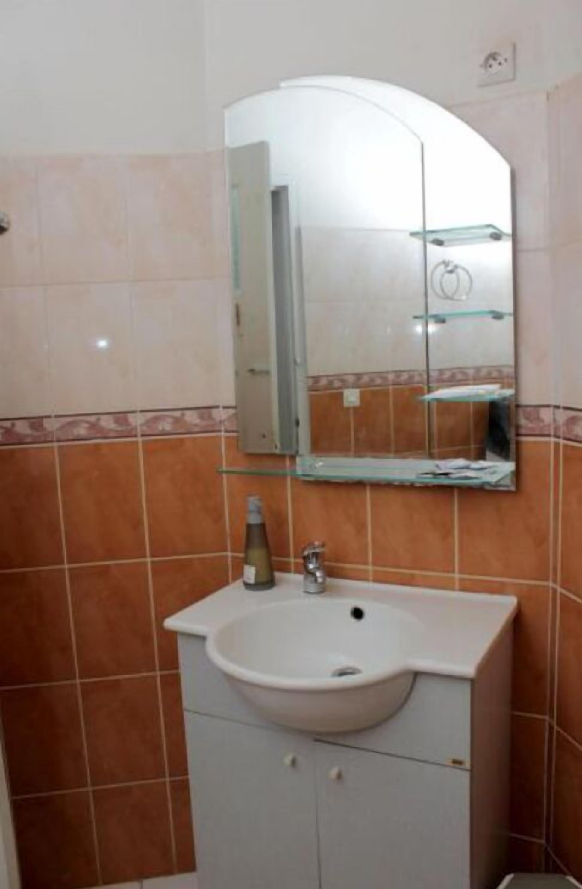 A bathroom with a white sink, a mirror above it, and a bottle of hand soap on the counter.