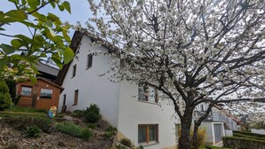 A white house with a garden, a wooden structure, and a tree with white blossoms. - Apartment on the Rotdornweg (Heiligenstadt i.OFr.)