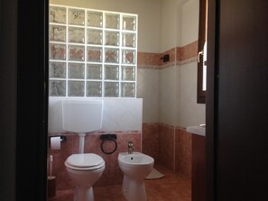 Une salle de bain avec deux toilettes, un bidet, un lavabo et une fenêtre avec des panneaux en verre dépoli.