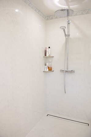 Shower, hair dryer, towels, soap
