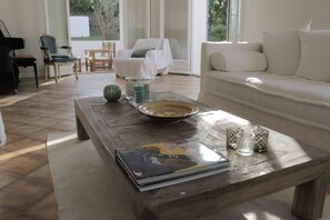 TV, fireplace, books, stereo