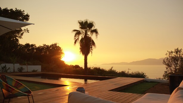 Vista al tramonto da un'area piscina con una palma, poltroncine e un pontile di legno.