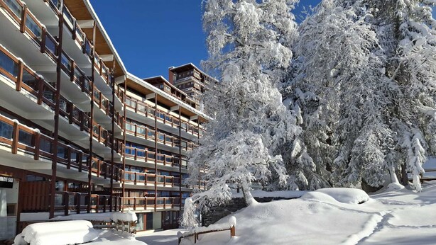 Un hôtel à plusieurs étages, doté de balcons, entouré d’arbres couverts de neige et surplombant un ciel dégagé.