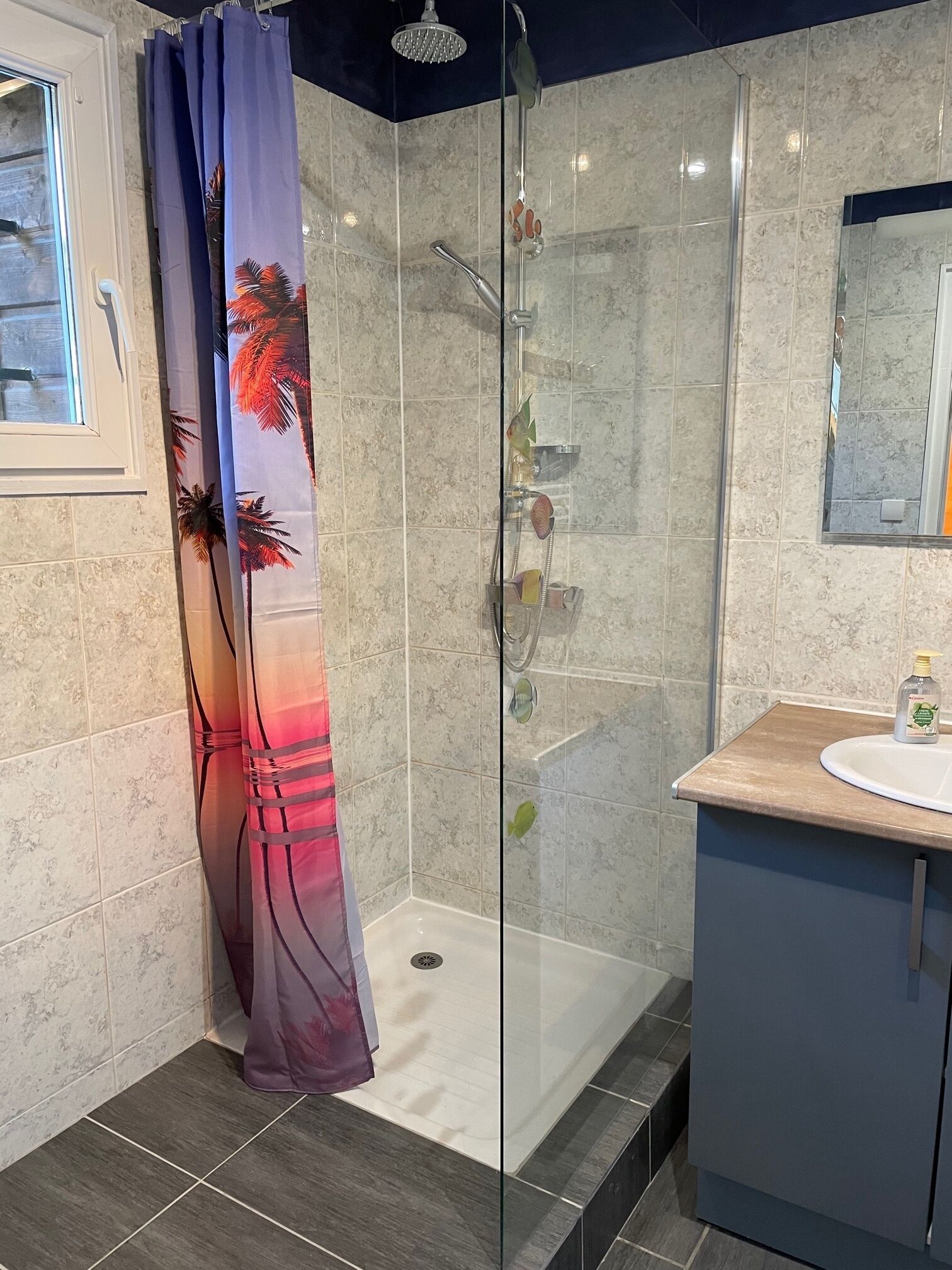 Een moderne badkamer met een douchecabine van glas, een wastafelmeubel met een wastafel en een spiegel boven de wastafel.