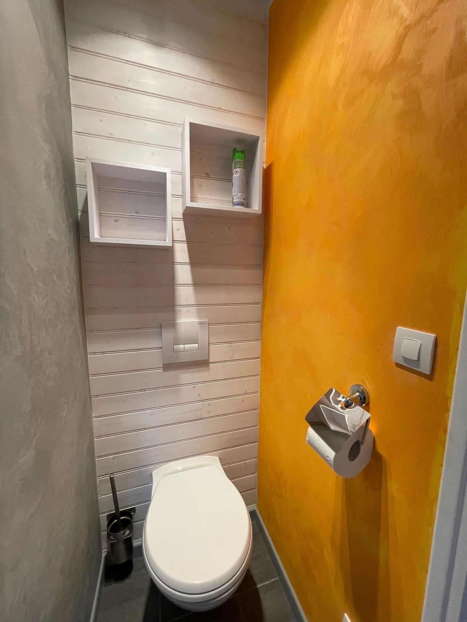 A small bathroom with a white toilet, a shelf with toiletries, and a toilet paper holder on the wall.