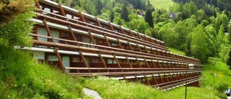 Un edificio grande de varios pisos con techo inclinado, rodeado de vegetación exuberante y un promontorio boscoso.