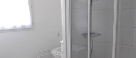 Een badkamer met een douchecabine, een toilet en een wastafel.